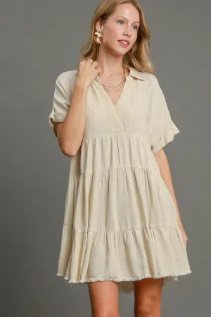 Beige Raw Hem Folded Sleeve Tiered Dress