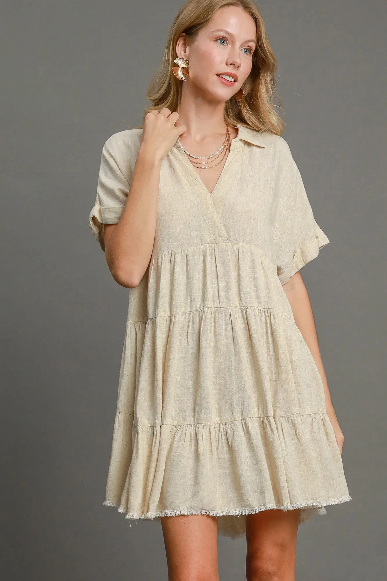 Beige Raw Hem Folded Sleeve Tiered Dress