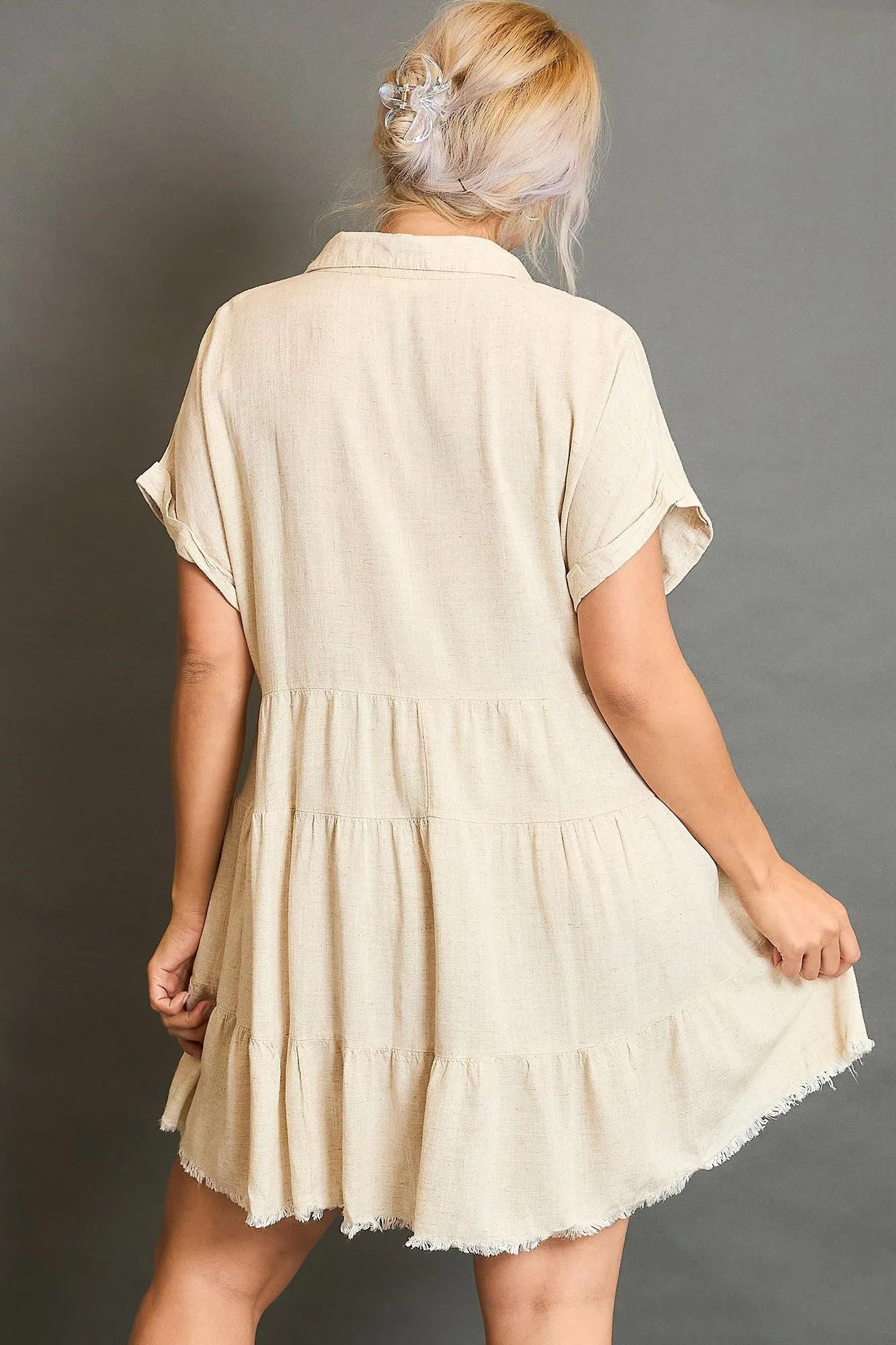 Beige Raw Hem Folded Sleeve Tiered Dress