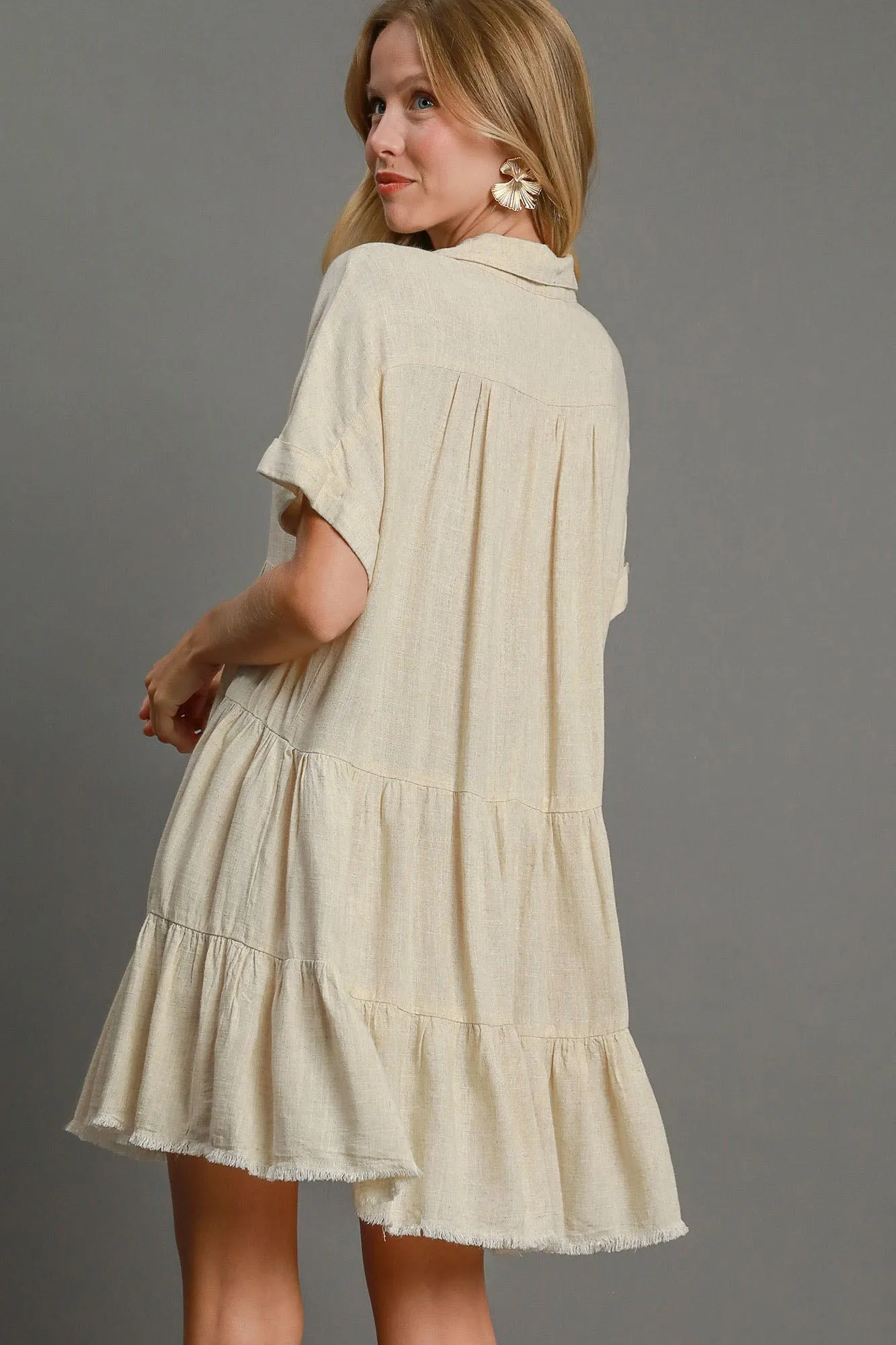 Beige Raw Hem Folded Sleeve Tiered Dress