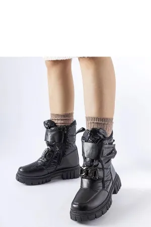 Black snow boots with a decorative buckle