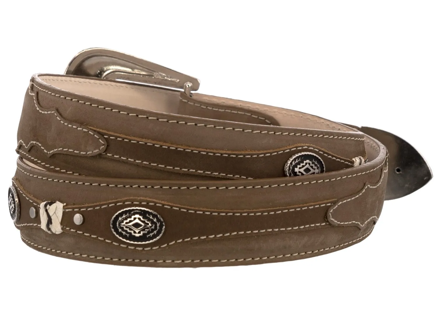 Brown Western Cowboy Leather Belt Navajo Concho - Silver Buckle