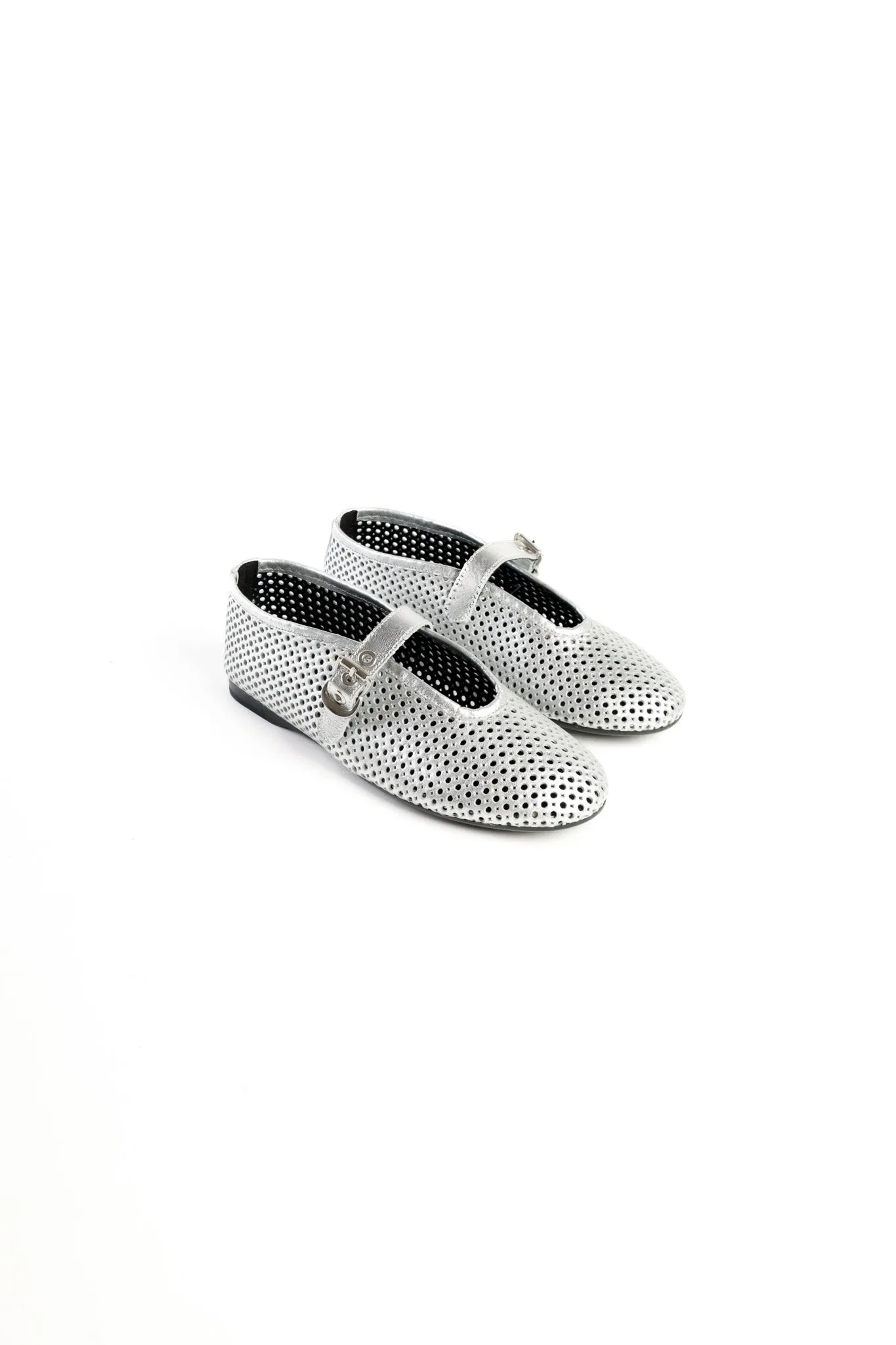 CARROLL SILVER- Perforated Leather Ballet Flats with Buckle