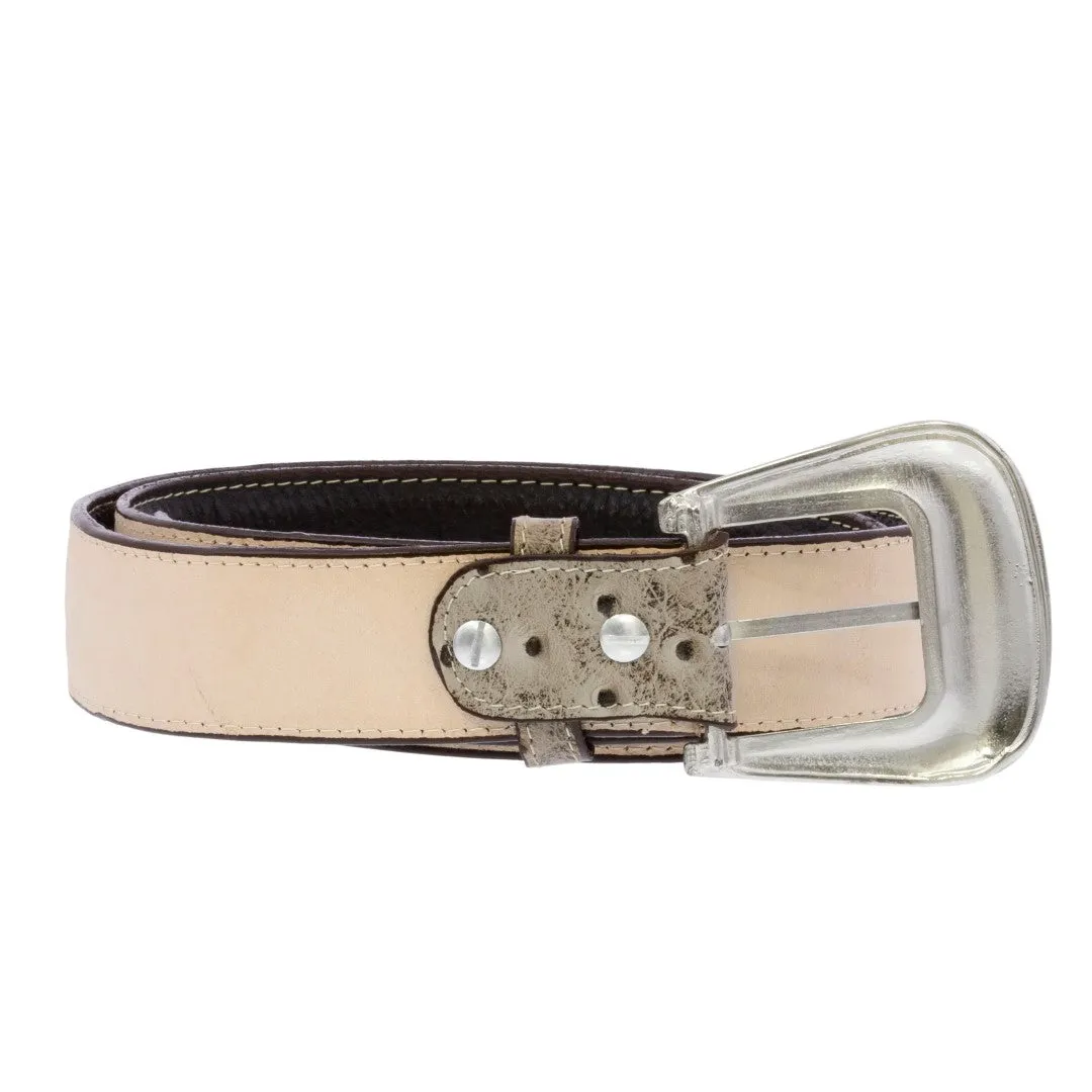 Dark Brown Western Cowboy Belt Ostrich Print Leather - Silver Buckle
