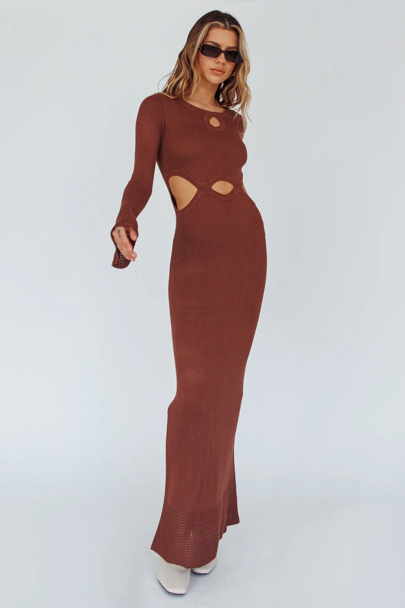 Long Sleeve Cut-Out Knit Maxi Dress Coffee