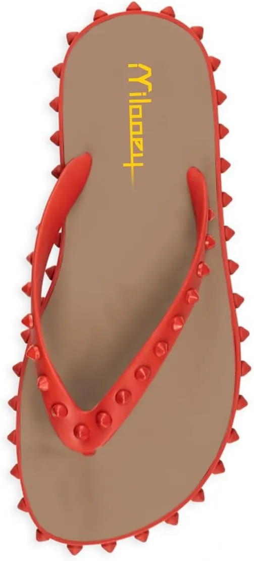 Milooey shoes Women's Chic Studded Flip Flop Sandals Summer Flat Thong Slide Shoes Daily Indoor Outdoor Slippers Size 4-16 US