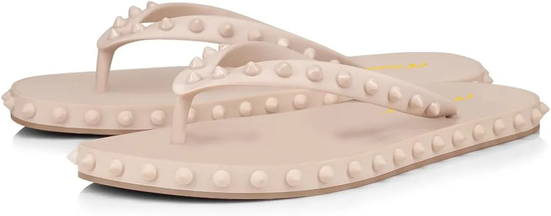 Milooey shoes Women's Chic Studded Flip Flop Sandals Summer Flat Thong Slide Shoes Daily Indoor Outdoor Slippers Size 4-16 US