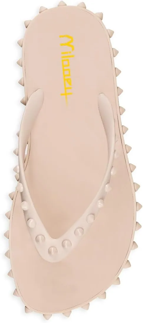 Milooey shoes Women's Chic Studded Flip Flop Sandals Summer Flat Thong Slide Shoes Daily Indoor Outdoor Slippers Size 4-16 US