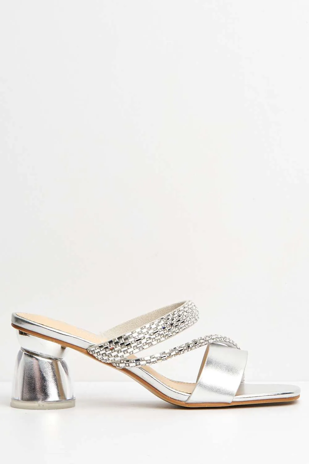 Nimra Diamante Embellished Block Heel Mules in Silver