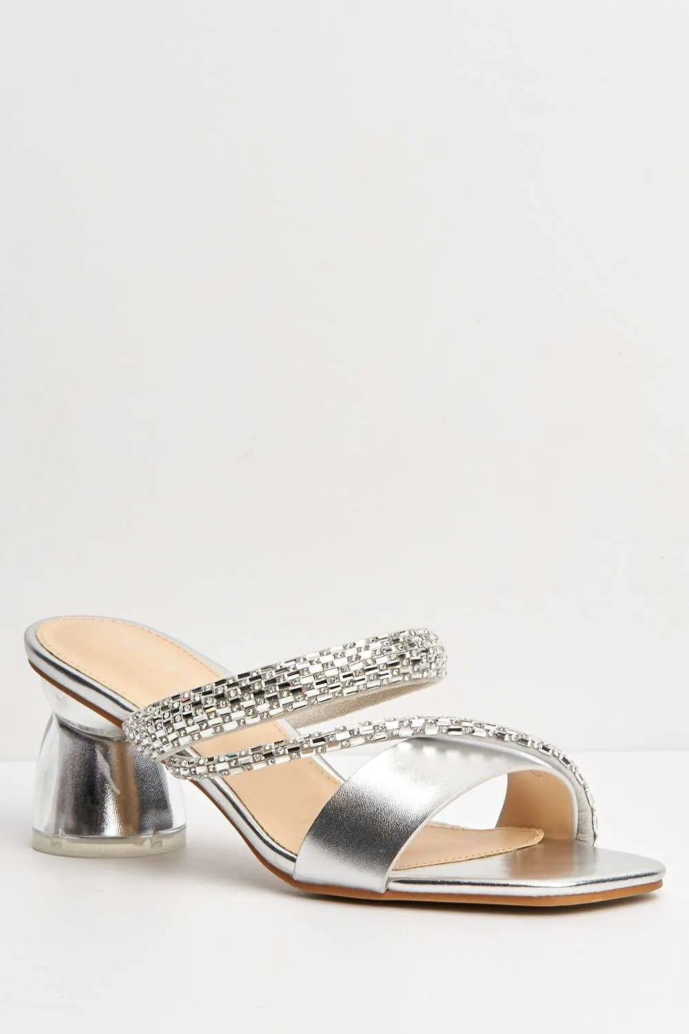 Nimra Diamante Embellished Block Heel Mules in Silver