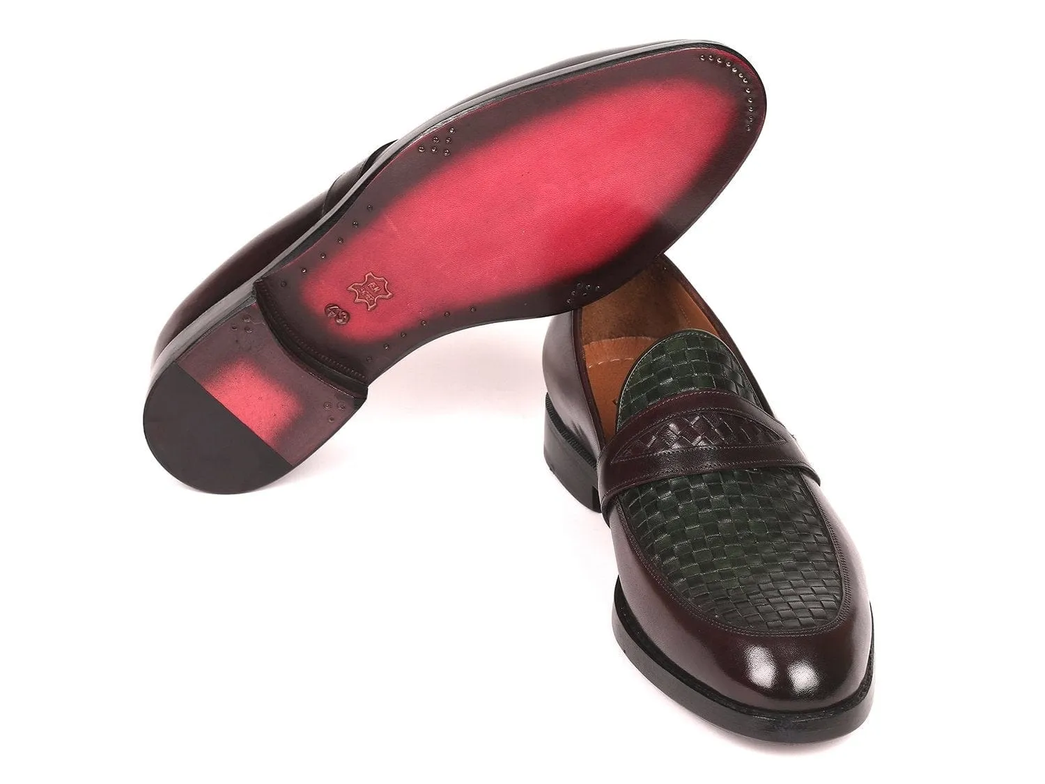 Paul Parkman Woven Leather Loafers Brown & Green (ID#548LF832)