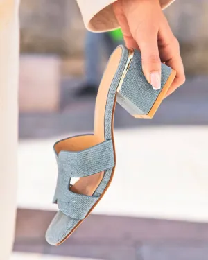Sandale femme mule talon carré bleu jeans - Sophie