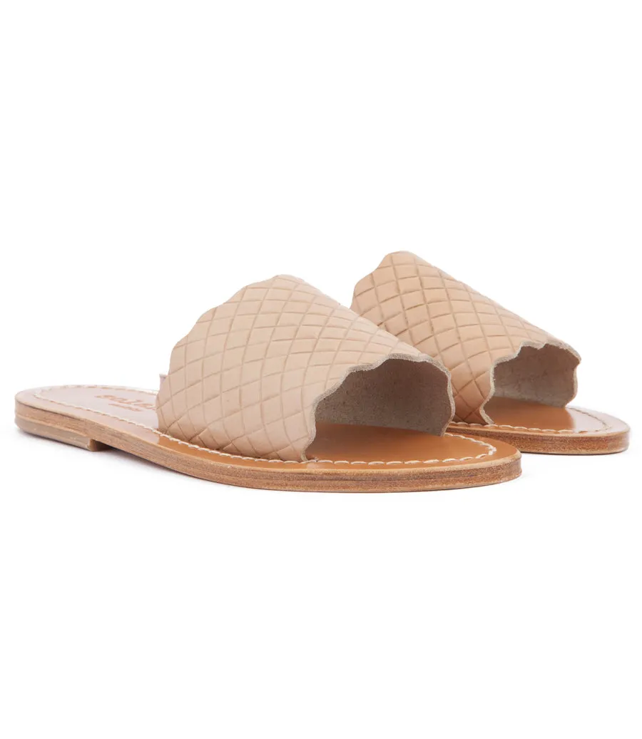 STRIPE SLIDE SANDALS IN TEXTURED LEATHER FT WAVY HEM