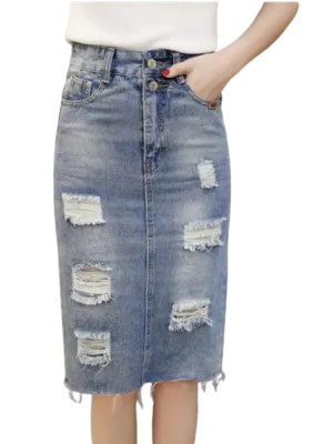 Summer 2023 Denim Teen Skirt High Waist Holes Back Slit Knee-length Midi Skirt Preppy Style