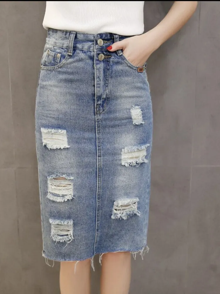 Summer 2023 Denim Teen Skirt High Waist Holes Back Slit Knee-length Midi Skirt Preppy Style