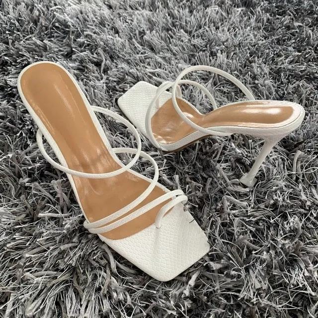Summer Pumps Sexy 2020 snake print Slippers Sandals Shoes Women Thin High Heels Square Toe Sandal Lady Pump Shoes Mules