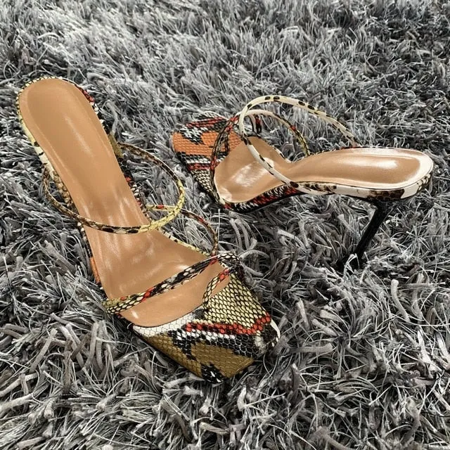 Summer Pumps Sexy 2020 snake print Slippers Sandals Shoes Women Thin High Heels Square Toe Sandal Lady Pump Shoes Mules
