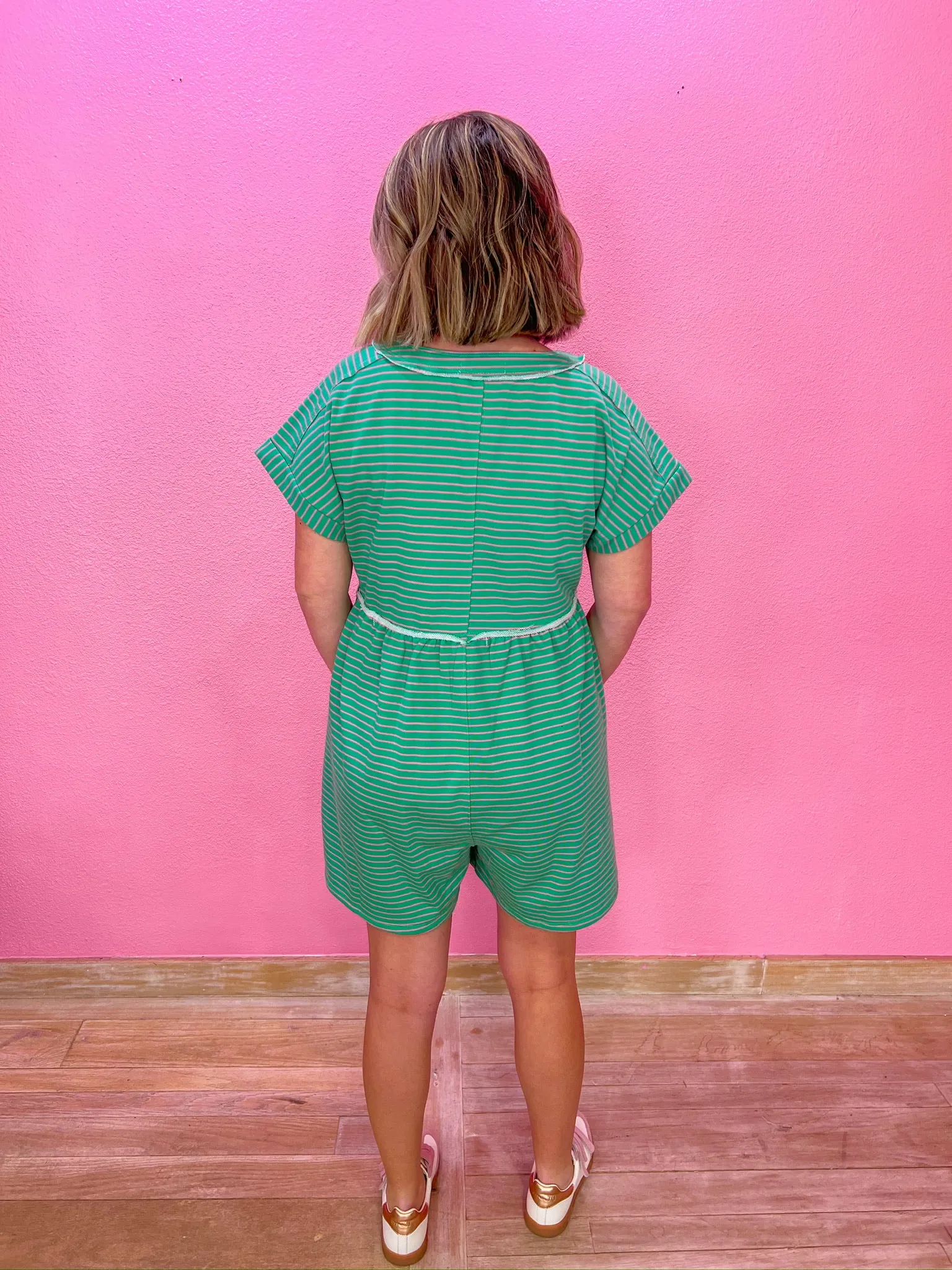 Wait On Me Romper - Green/Pink