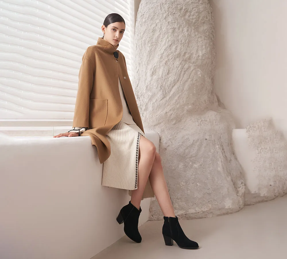 Women Boots Ankle Leather Zipper Block Heels Velora