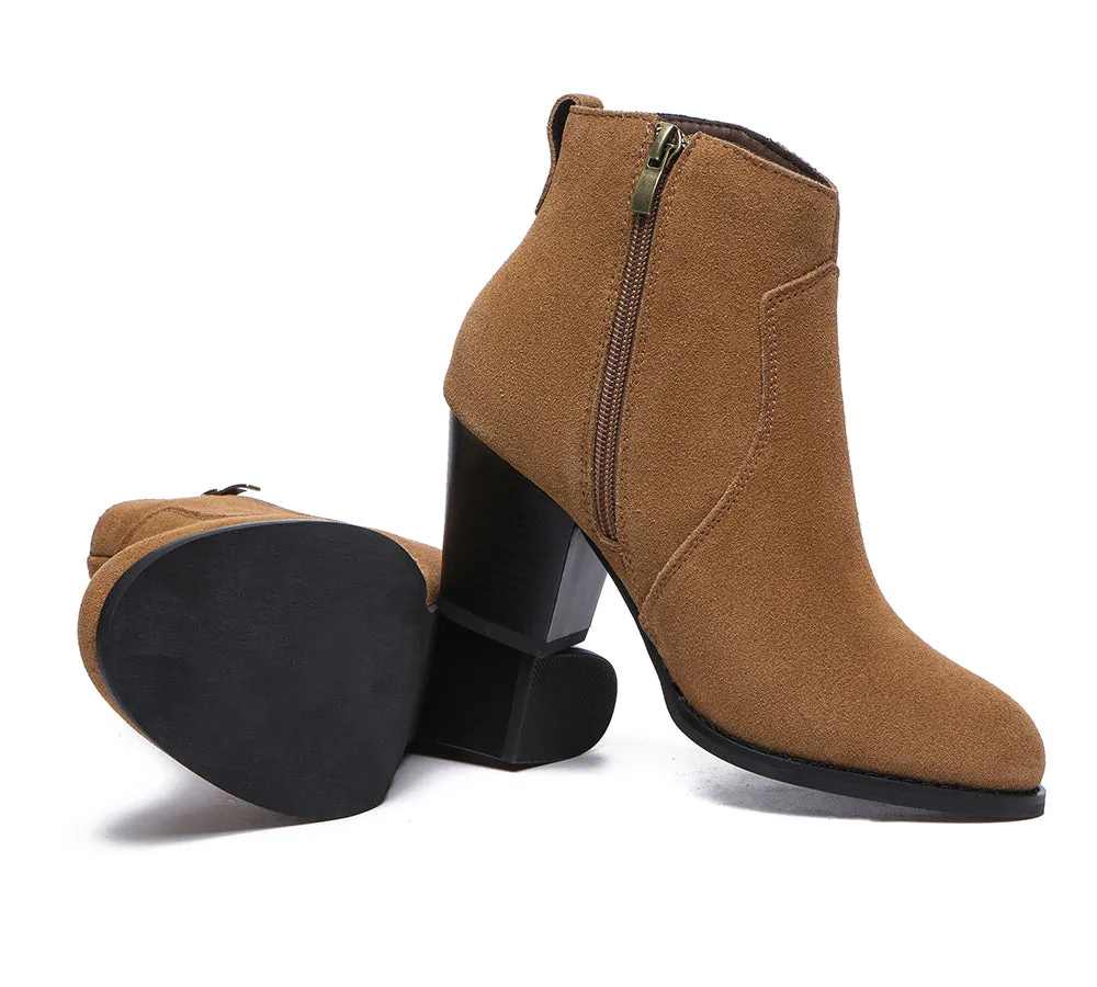 Women Boots Ankle Leather Zipper Block Heels Velora