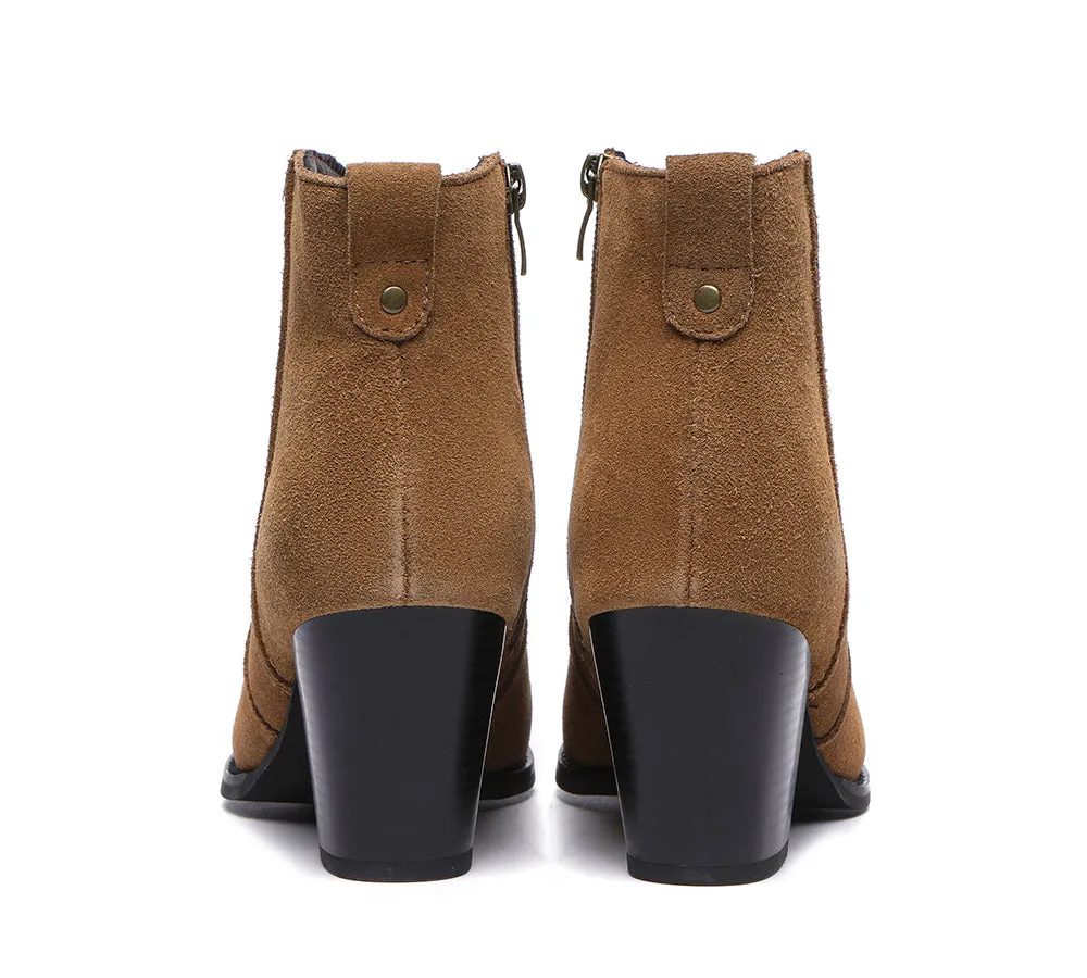 Women Boots Ankle Leather Zipper Block Heels Velora