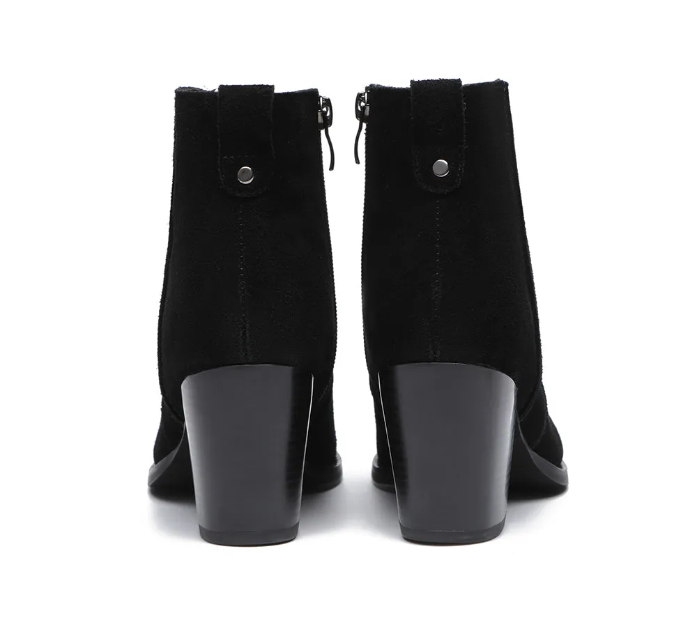 Women Boots Ankle Leather Zipper Block Heels Velora