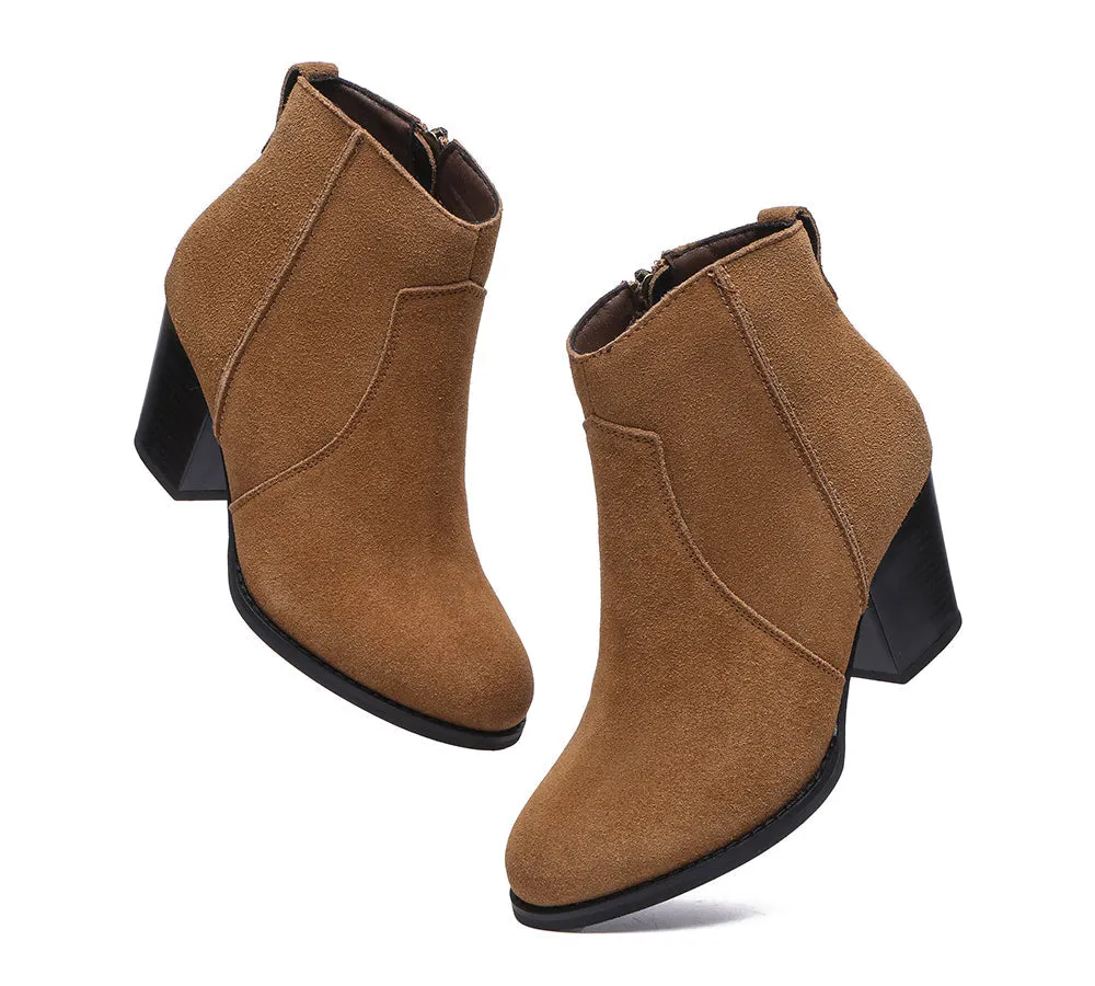 Women Boots Ankle Leather Zipper Block Heels Velora
