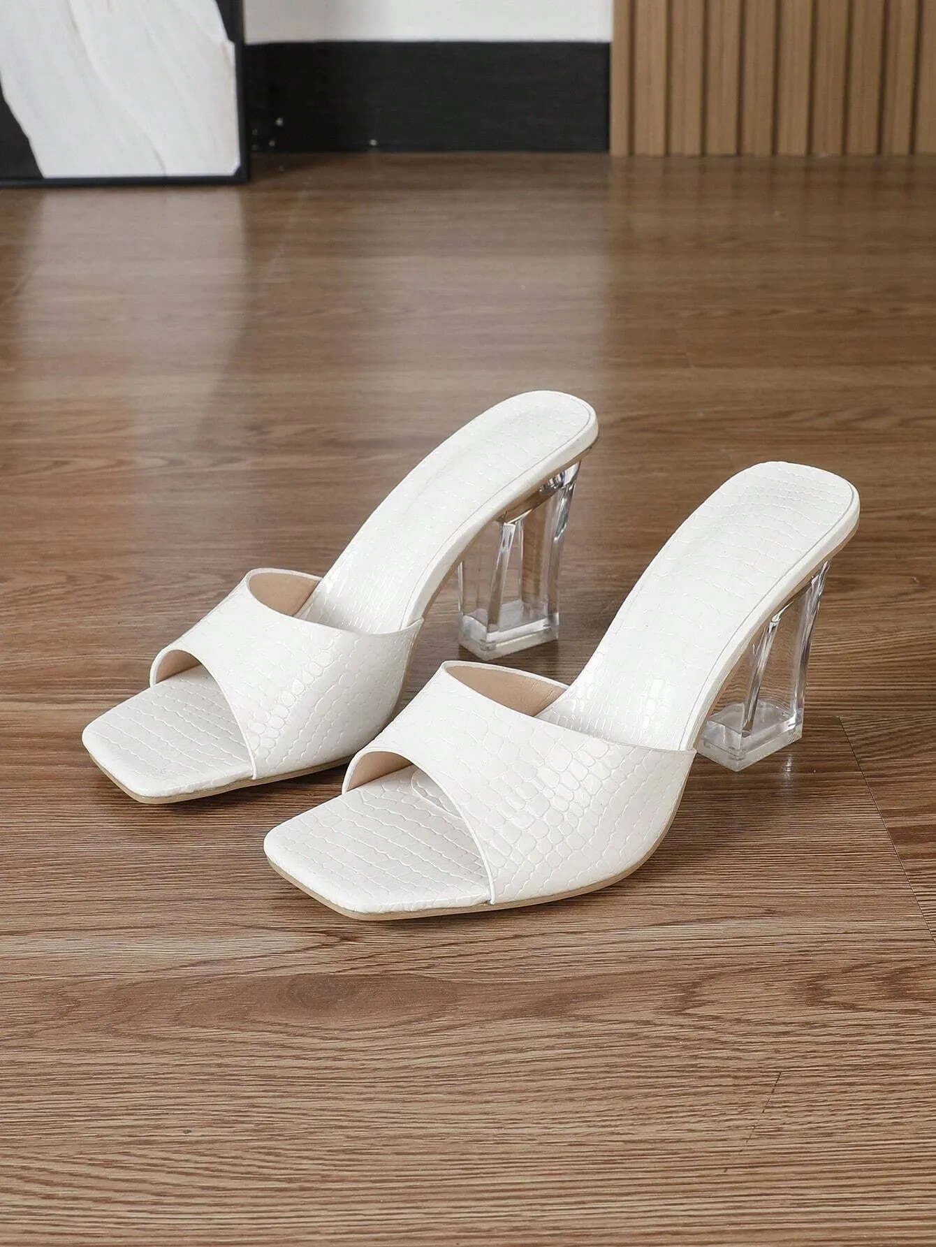 Women's Square Toe Mules Hollow Out Crystal High Heel Sandals