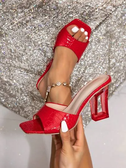 Women's Square Toe Mules Hollow Out Crystal High Heel Sandals